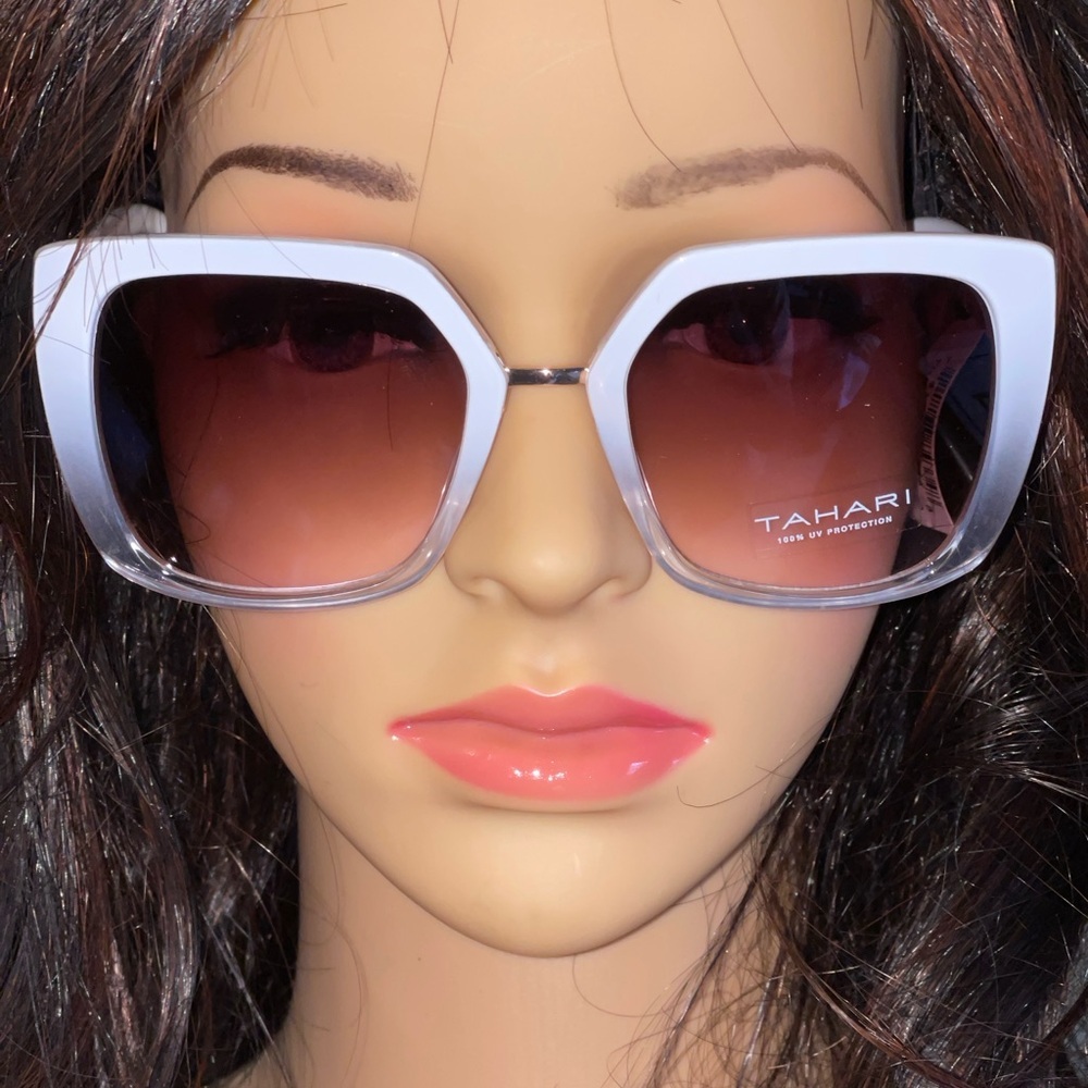 TAHARI Metal Bridge Geometric Sunglasses In White 100% UV Protection